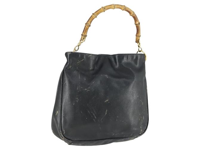 Borsa a mano in pelle nera e oro GUCCI Bamboo Auth 170494 Nero D'oro