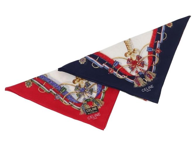Céline CELINE Ensemble de 2 Mouchoirs en Coton Marine Rouge Auth am10748V Bleu Marine