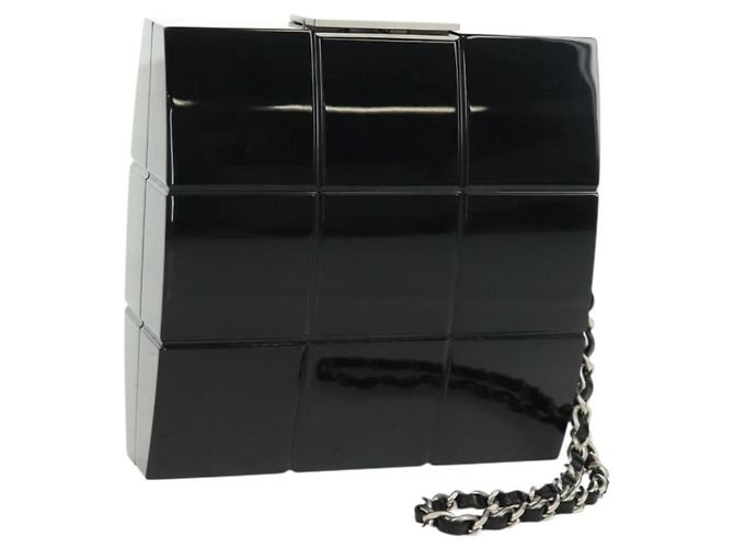 CHANEL Borsa Clutch Choco Bar in plastica Nera Argento CC Auth BA9645SAM Nero
