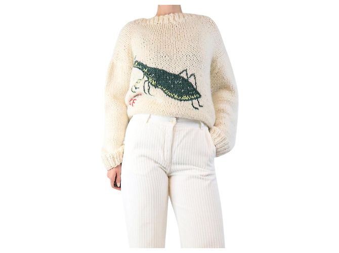 Autre Marque Cremfarbener handgestrickter Pullover - Einheitsgröße Roh 