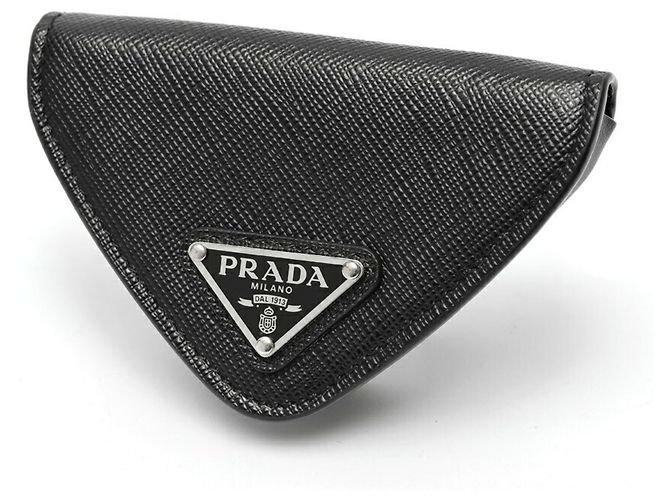 Prada Triangle Coin Case in Black Saffiano Leather
