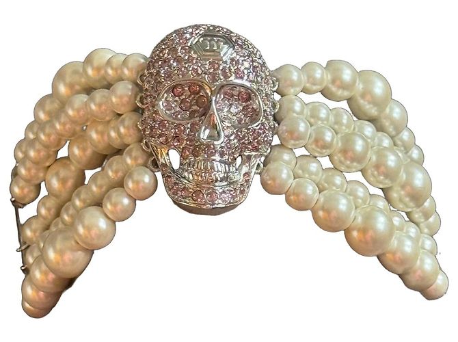 Pulsera Philipp Plein Calavera Perlas Rosas Plata Blanco