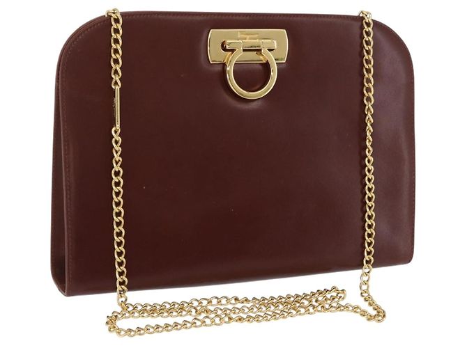 Borsa a spalla Gancini in pelle marrone e oro Auth BA10665 di Salvatore Ferragamo D'oro