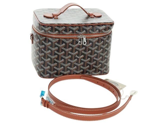 Bolsa Vanity Muse PM GOYARD em PVC couro Herringbone 2em1 marrom Auth SW2108SM Prata