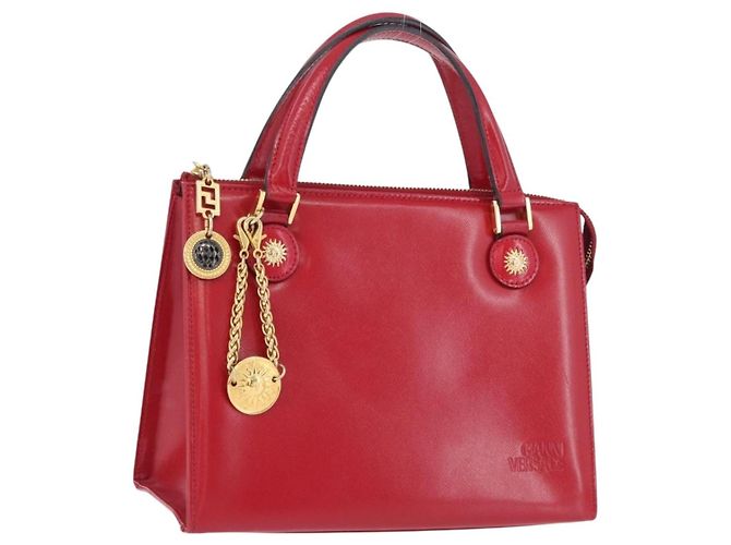 Bolsa de mão Gianni Versace em couro vermelho e dourado Auth BA10667