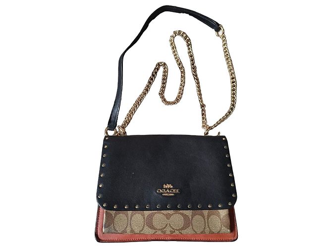 Borsa a spalla Coach in pelle nera e tela monogrammata Marrone Nero Multicolore