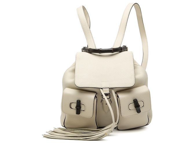 Bamboo Mochila Gucci White Large em pele de vitelo com borla de bambu e cordão Branco Cru