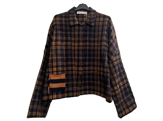 Autre Marque Camisa-jaqueta xadrez em lã e algodão Mostarda Azul marinho