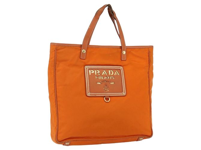 Bolsa Tote PRADA em nylon e couro laranja dourado Auth ti3743