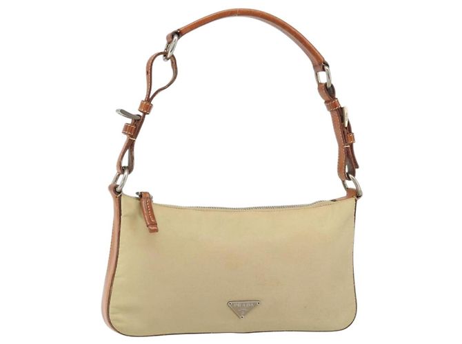 PRADA Bolsa de Mão em Nylon Couro Bege Prata Auth 171021