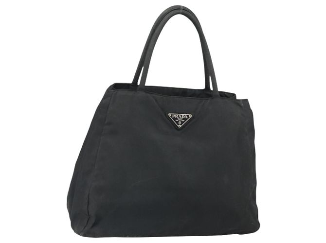 PRADA Handtasche Nylon Schwarz Silber Auth 171646