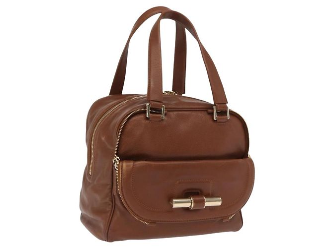 Bolsa de mão de couro marrom dourado Jimmy Choo Auth BA10473