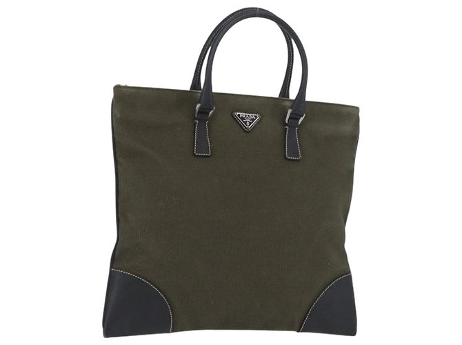 PRADA Hand Bag Canvas Leather Khaki Silver Auth 170921 Silvery