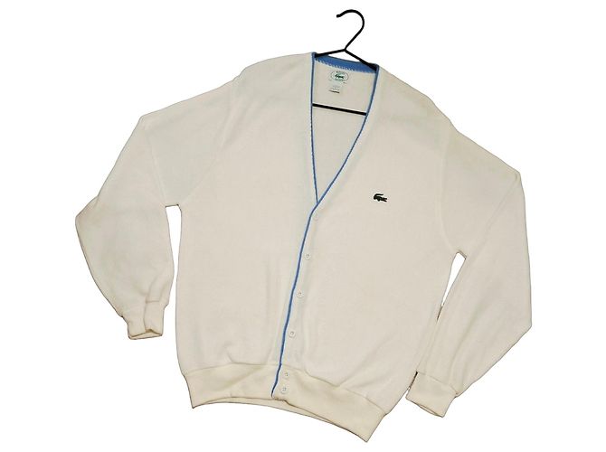 Cardigan Izod Lacoste em algodão branco com bordas azuis Bege