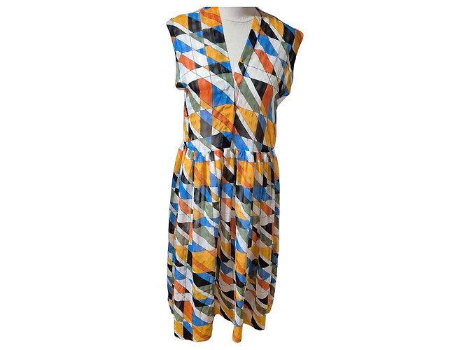 Sandro Kleid mit geometrischem Druck Schwarz Weiß Blau Mehrfarben Grün Orange Gelb