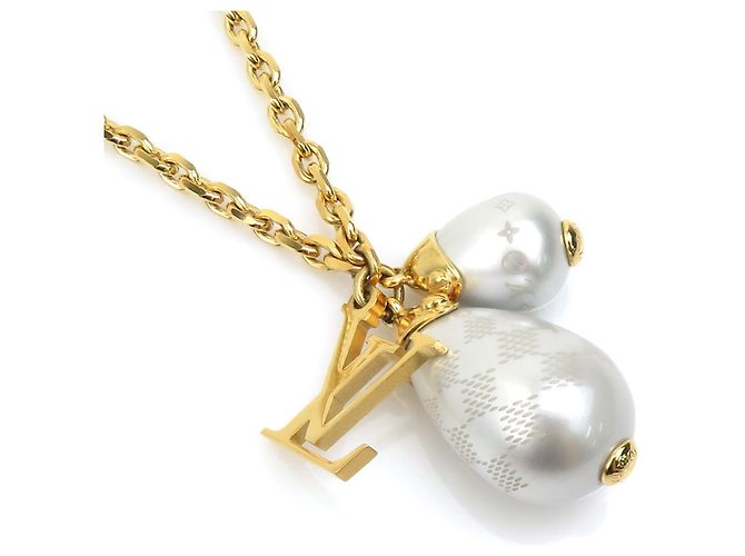 Colar Pendente Pérola Damier Louis Vuitton Branco Dourado