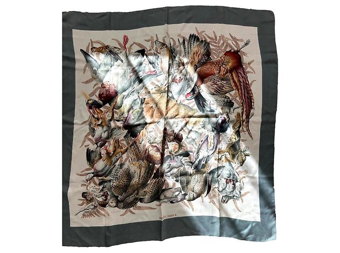Foulard in Seta Hermès 'La Caccia alla Caccia' Marrone Bianco Rosso Beige Grigio