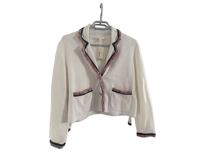 Short Maje jacket in ecru knit White Red Cream Dark blue