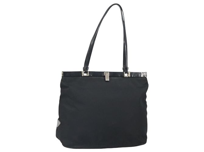 PRADA Tote Bag Nylon Schwarz Silber Auth ti3730