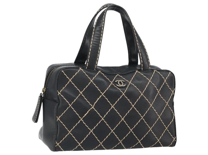 CHANEL Borsa a Mano Wild Stitch Pelle Nera Oro CC Auth BA10500V Nero D'oro