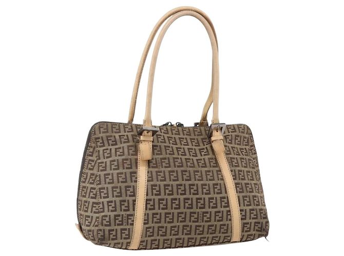 FENDI Zucchino Canvas Handtasche Beige Silber Authentisch bs33319