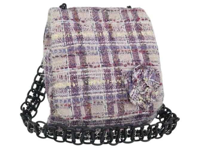 Borsa a Spalla Camelia con Catena CHANEL Tweed Multicolore Argento CC Auth 169721SAV
