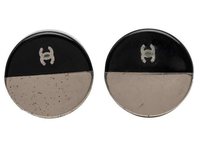 CHANEL Coco Mark Two-Tone Stud Earrings Black Silvery