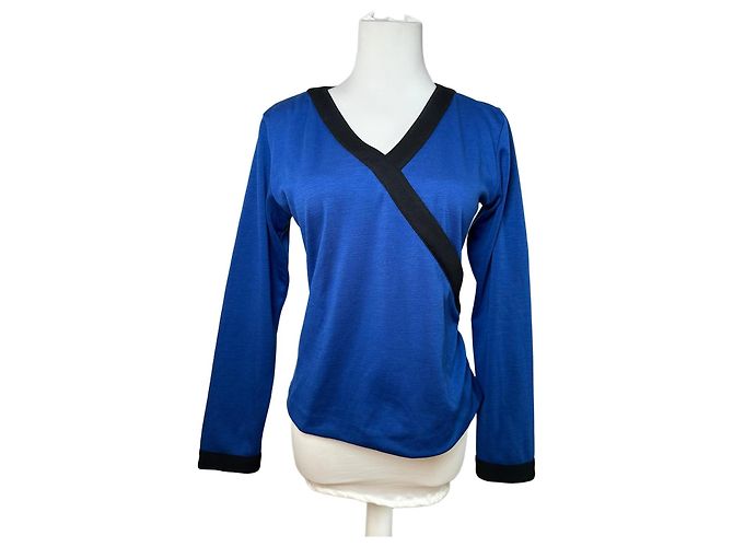 Vintage Yves Saint Laurent V-Ausschnitt Pullover Blau Schwarz