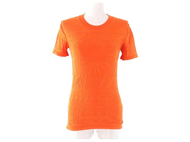 Hermès Kurzarm-Silk-Strickpullover mit geprägtem Rundhalsausschnitt Orange 