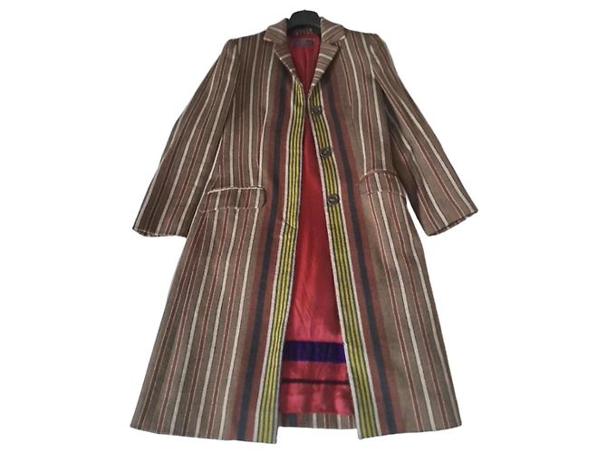 Etro long multicolored striped wool coat Brown Multiple colors