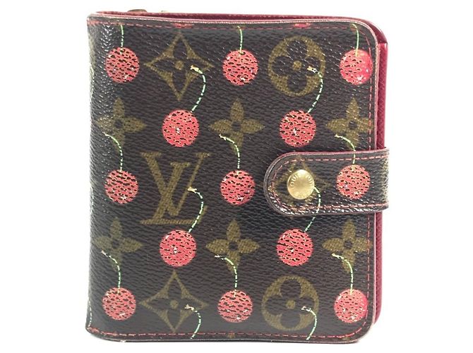 Louis Vuitton Monogram Cherry Compact Zip Wallet Brown Red