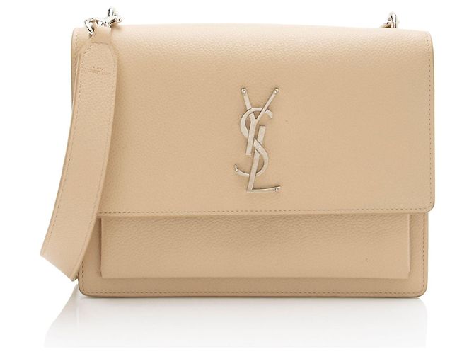 Saint Laurent Grained Calfskin Monogram Sunset Medium Shoulder Bag Marron Beige