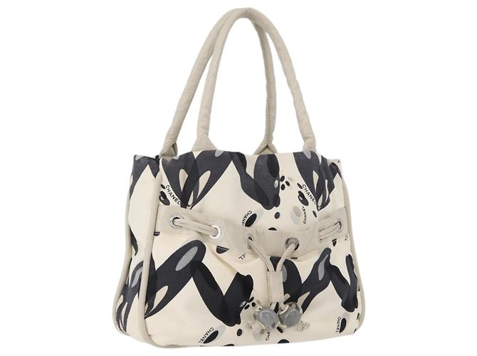 CHANEL Borsa Tote Canvas Bianca Argento CC Auth 170892 Bianco