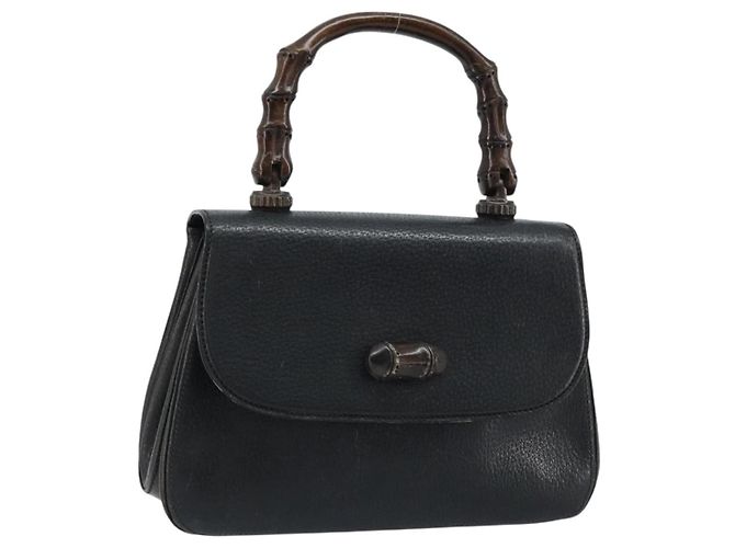Borsa a mano in pelle Gucci Bamboo nera e oro Auth ep13556 Nero D'oro