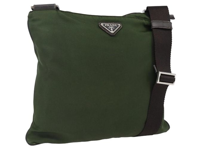 PRADA Shoulder Bag Nylon Khaki Silver Auth 173280 Silvery