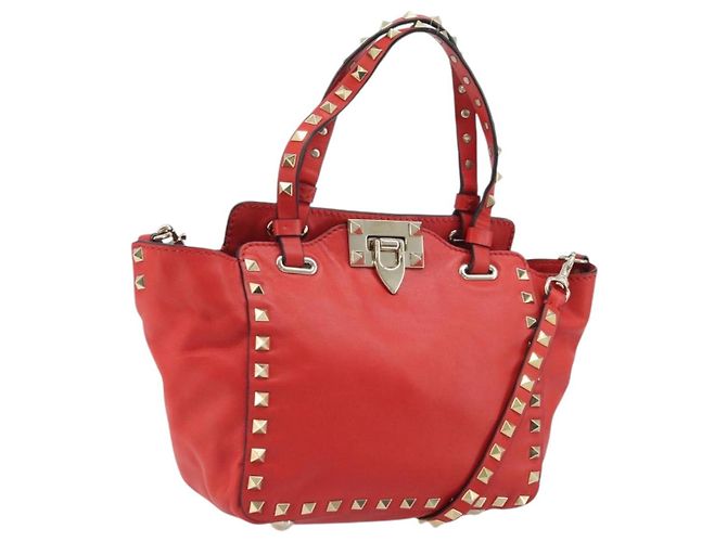 VALENTINO Sac à main Rock studs en cuir 2 en 1 Rouge Or Auth BA10808 Doré