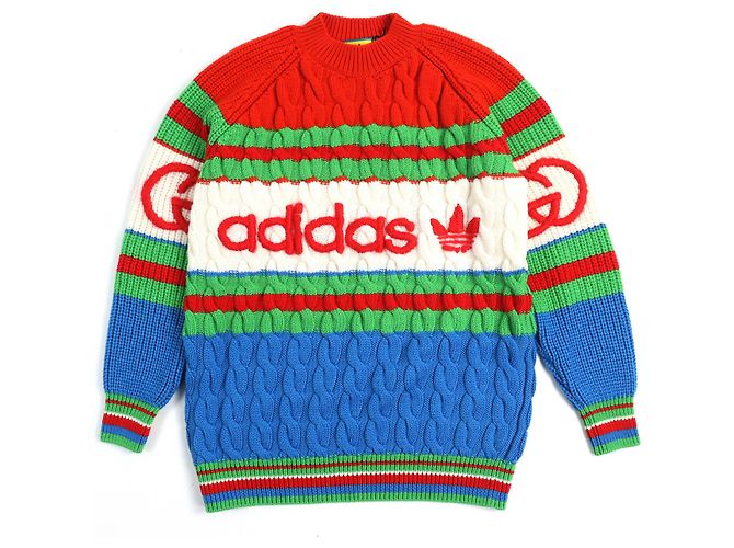 Gucci×adidas Interlocking G Web Line Cable Knit Sweater Wool Knit Red Blue Green Cream