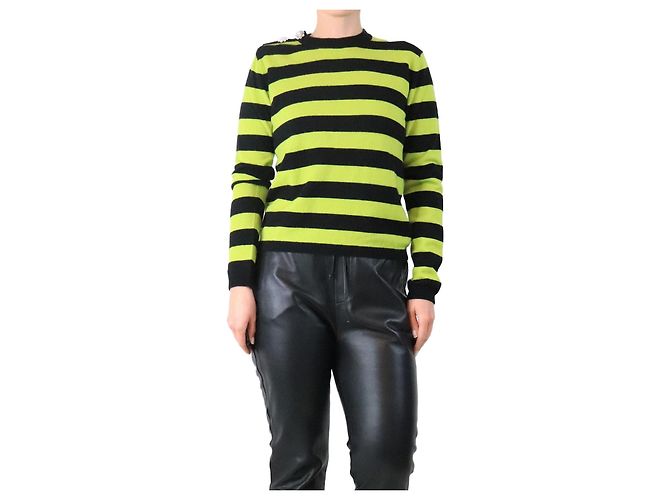 Ganni Pull en cachemire noir et lime à rayures - taille M Vert
