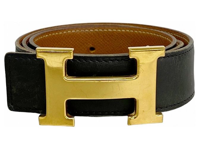 Cinto Hermès Constance em couro box calf Preto Dourado