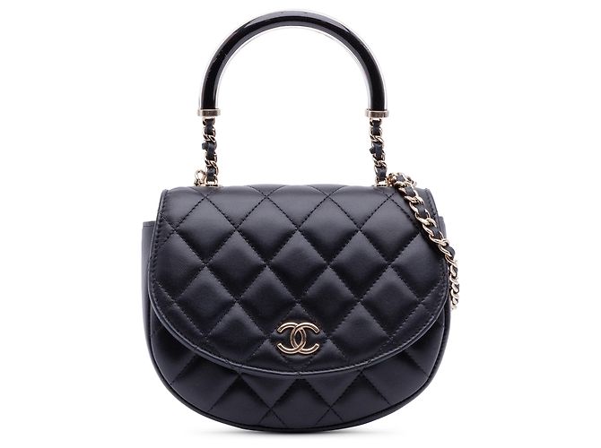 Chanel Preto CC Couro de Corde Quilted Bolsa Meia-Lua com Alça Superior