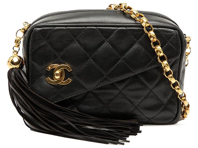 Camera Bolsa de câmera em couro de cordeiro matelassado preto mini CC com tassel Chanel