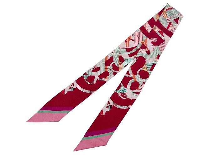 Hermès HERMES Cavalcadour Sciarpa Twilly in Seta Rosa Lampone Verde Mattina Rosso