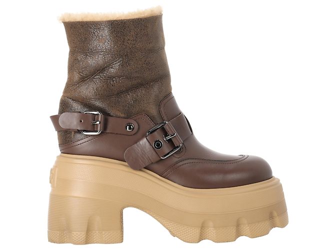 Stivaletti in pelle marrone con lacci in shearling Casadei Rosso