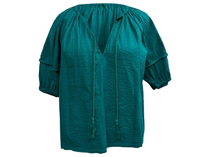 Blusa de manga abullonada con lazo frontal Ulla Johnson en algodón teal Verde