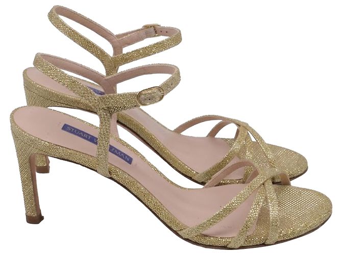 Stuart Weitzman Starla 80 Ankle Strap Sandals in Gold Glitter Golden