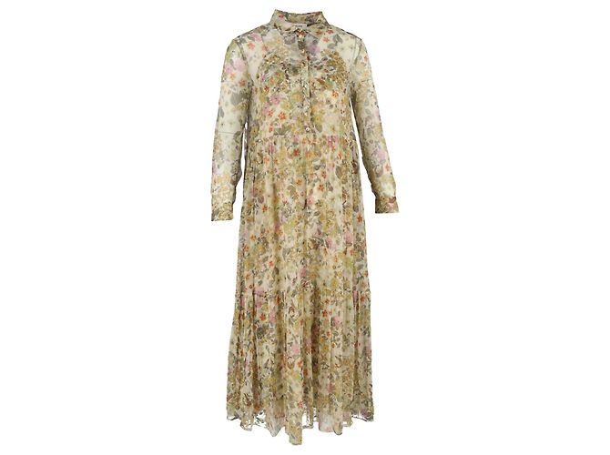 Céline Abito maxi a maniche lunghe in seta multicolore con stampa floreale Celine