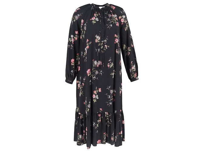 Edge Céline Celine Midi-Kleid mit langen Ärmeln aus schwarzer Seide mit Blumenmuster