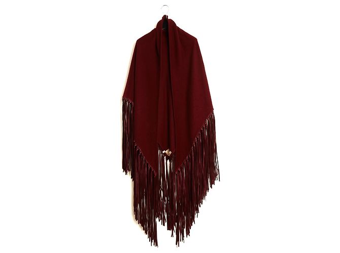 Chale Triangular Hermès com Franjas dos anos 1990 em Cashmere e Couro Bordeaux