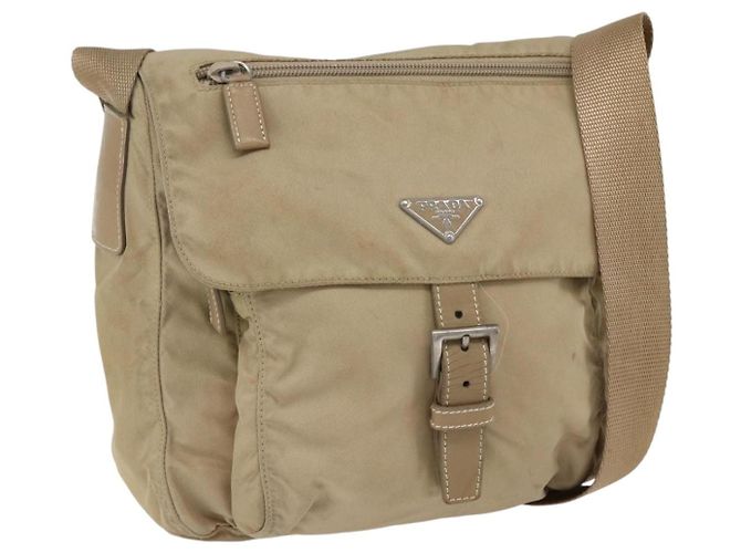 Bolso de Hombro PRADA Nylon Beige Plata Auténtico 170605