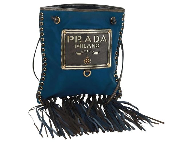 Borsa a Spalla PRADA Nylon Blu Oro Auth 171065V D'oro